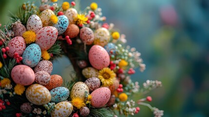A spring wreath composed of a variety of flowers, leaves, and Easter eggs, set against a blue backdrop