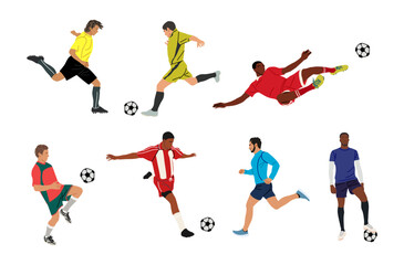 Set of different sports men soccer players. Professional sportsmen with ball running, jumping. Vector colorful illustrations isolated on transparent background.