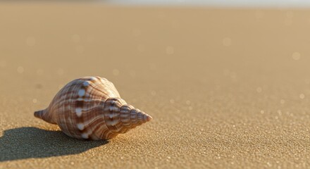 Close-Up Photograph of a Seashell on a Sandy Beach Surface with Sunlight Glinting Off the Grains