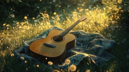 A close-up of an acoustic guitar with warm lighting, highlighting the strings and wood grain, placed on a wooden stage