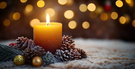 Candle with Festive Decorations and Wooden Background for Christmas and Advent