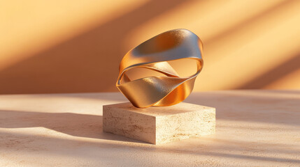 A refined, abstract metallic structure in brushed gold, shaped like intertwined ribbons