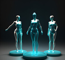 Obraz premium Abstract surrealistic illustration of glass statue several people standing in pose.Concept project.mindfulness and meditation.Futuristic. cyberpunk.innovation different types of poses.generative ai