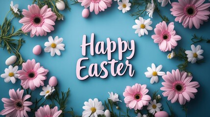 Happy Easter greeting card. On a blue background, congratulations on Easter.