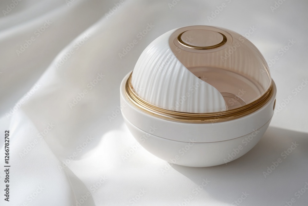 Poster a decorative container with white and gold design placed on a white cloth, perfect for use in home d