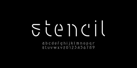 Font alphabet made nouveau art deco style, stencil lowercase letters from A to Z and numbers from 0 to 9