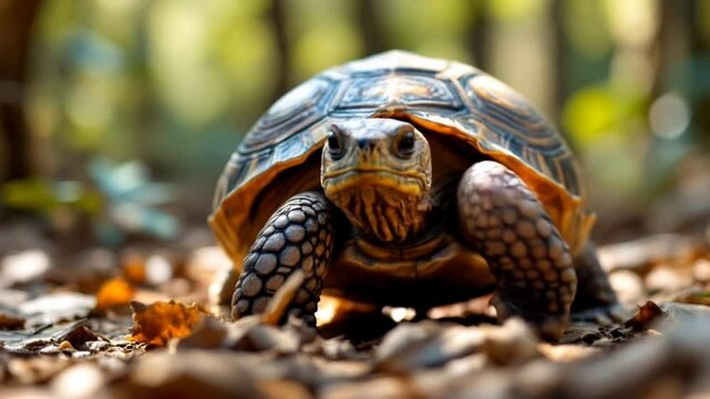 Close-up of a tortoise walking on forest ground with warm sunlight.