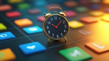 digital calendar with colorful app icons and vintage alarm clock symbolizes time management and scheduling. vibrant colors create engaging atmosphere for productivity