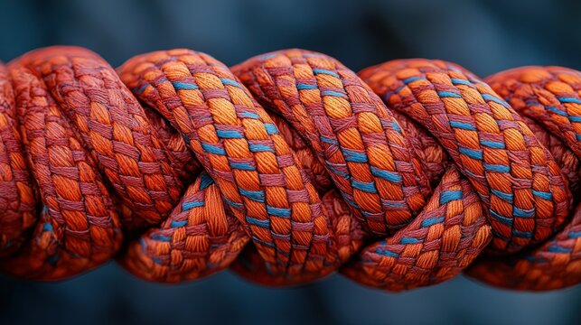 Twisted orange rope close-up, nautical background, texture detail