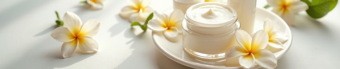 Cream jar, perfume bottles, jasmine flowers on white plate, aerial shot, floral, elegant, beauty