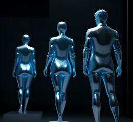 Abstract surrealistic illustration of glass statue several people standing in pose.Concept project.mindfulness and meditation.Futuristic. cyberpunk.innovation different types of poses.generative ai