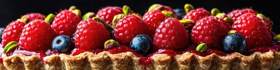 A delicious-looking cake with fresh raspberries and blueberries on top