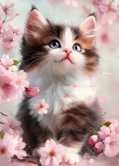 Cute Playful Kitten Surrounded by Pink Cherry Blossoms in Watercolor