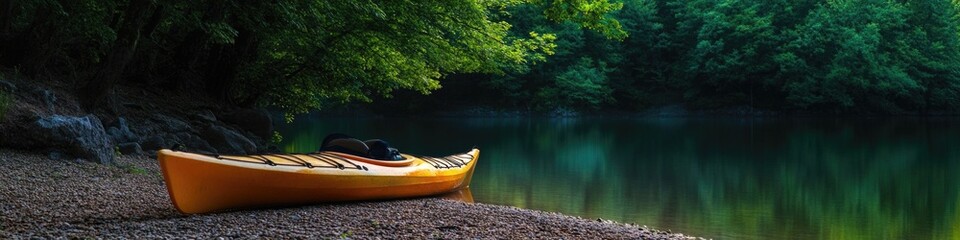A yellow canoe sits peacefully on the shore of a serene lake, perfect for a quiet morning or evening paddle