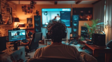 Engaged in video conference, person with headphones sits in cozy room filled with technology, including multiple screens and speakers, creating focused atmosphere