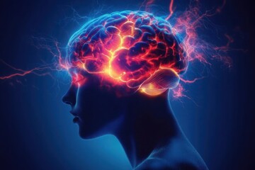 Migraine Attack Brain Pain and Symptoms Cognitive Struggle Silhouette Lightning Effects