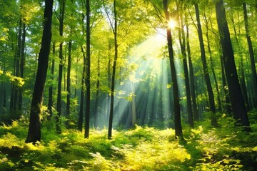 Obraz premium Sunlit Deciduous Trees in the Forest