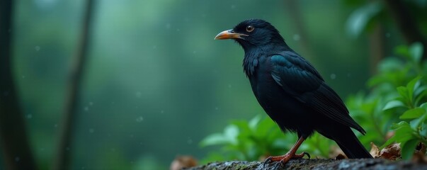 Fototapeta premium Dark plumage, persistent bird call amidst downpour , wildlife, branch, wild