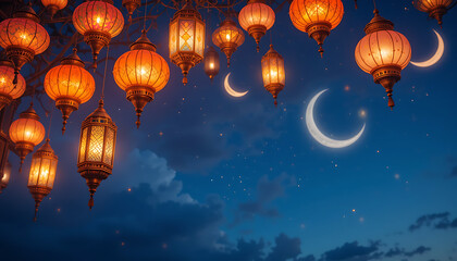 Obraz premium Elegant Ramadan Mubarak Night Sky with Hanging Lanterns and Crescent Moons