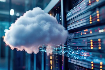 Cloud floating above a server rack in a data center, with cables and equipment visible