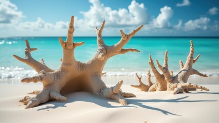Bleached coral formations on a sandy tropical beach with turquoise water	