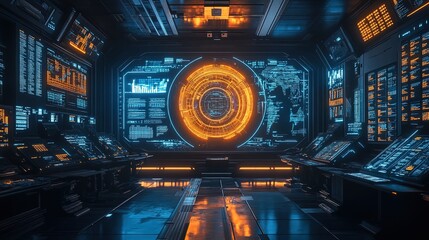 A futuristic export monitoring station glowing with trade analytics and holographic interfaces, sharp and innovative 