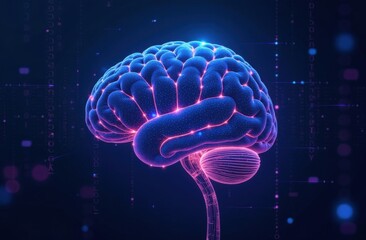 Digital representation of human brain with neon light effects on dark background
