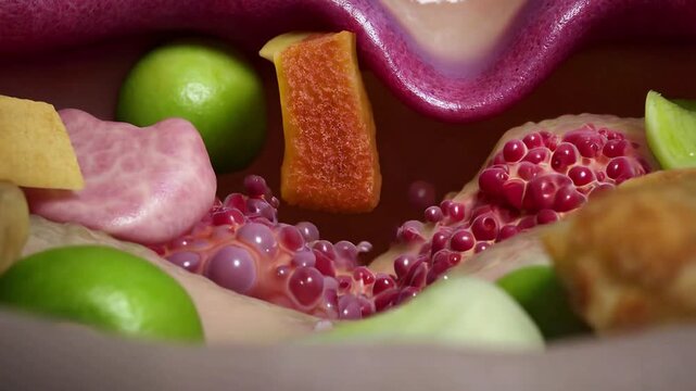 An animation showing the digestion process in the human body, with detailed features and realistic graphics.