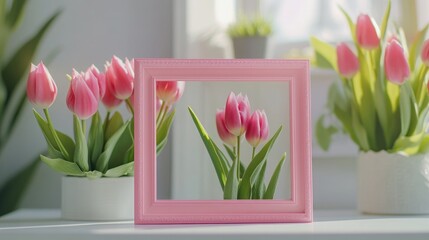 A decorative pink picture frame sits on top of a table, perfect for displaying cherished memories