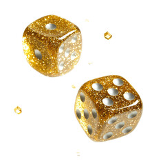 Isolated Glittering Gold Dice Pair with Silver Dots