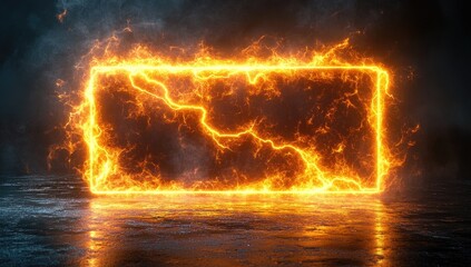 Abstract rectangle frame outlined by fiery orange flames, dark background, wet floor reflection