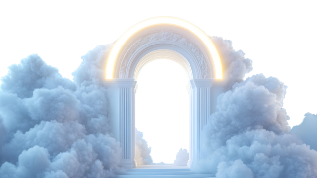 An elegant pearl gate with a glowing halo effect above, surrounded by clouds, Isolated on white background
