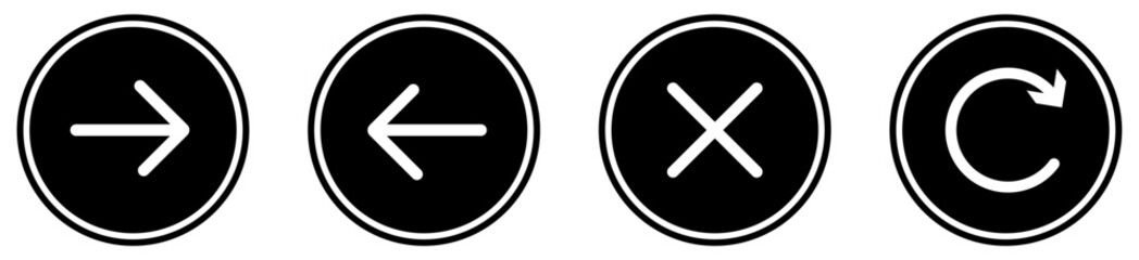 Fototapeta premium Left right cancel and reload button set collection on white background. Black circular right left arrow cancel refresh button symbols. Navigation icons with right arrow left arrow cancel and refresh. 