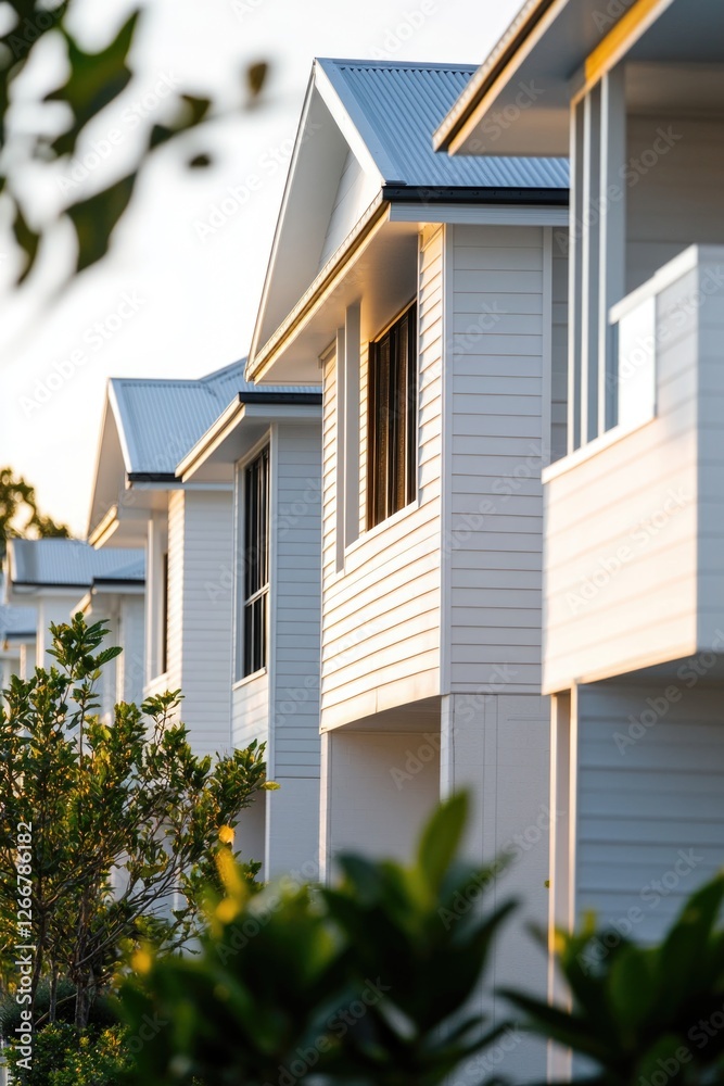 Poster a picturesque scene of row of white houses with trees in the foreground, suitable for use in archite