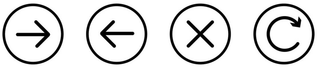 Right left arrow cancel refresh icons for web and app design. Navigation and action icons set with right arrow left arrow cancel refresh. Web navigation ui icons. Vector illustration 