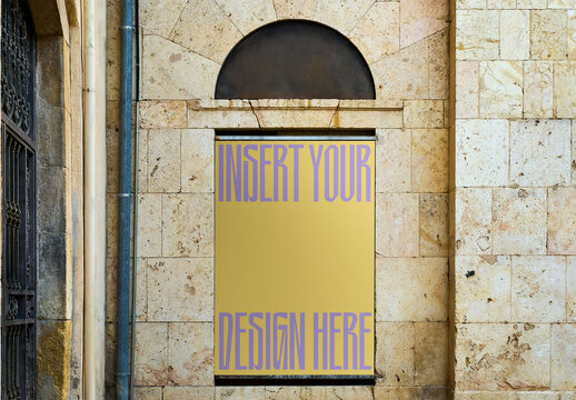 Vertical poster template displayed on a building facade