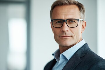 Fototapeta premium A businessman sitting in front of a white background, wearing a suit and glasses