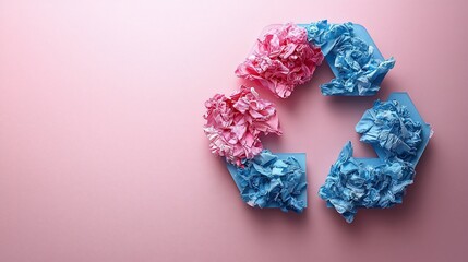 Colorful crumpled paper in recycling symbol on pink background, promoting eco-friendliness