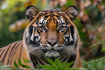 Fototapeta premium Close-up shot of a tiger's face surrounded by trees, great for wildlife or nature-themed projects