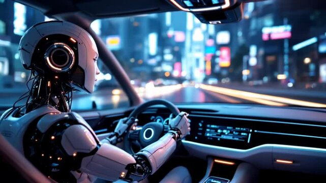 Futuristic humanoid robot driving an autonomous car through a neon-lit cityscape.