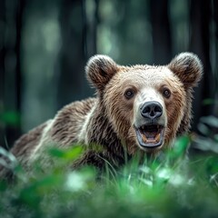 Obraz premium Curious brown bear exploring a forest habitat in the wild