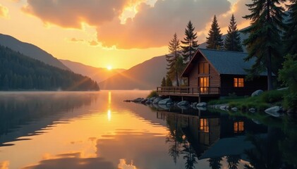 Fototapeta premium Golden hour at a lakeside cabin, tranquil setting, holiday, nature, picture