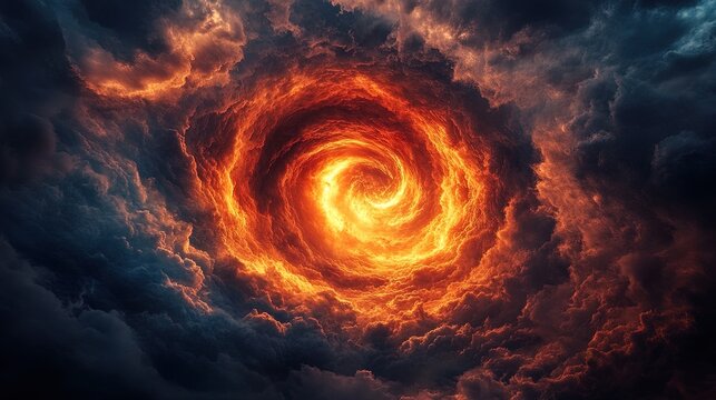 A swirling vortex in the sky, pulling in dark clouds and glowing with a menacing red light, apocalyptic and surreal