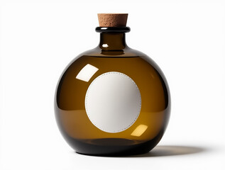 Obraz premium Elegant round glass bottle with cork top and empty label on a white background