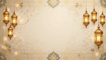 Elegant Ramadan Mubarak Background with Crescent Moon, Lanterns, and Intricate Patterns in Warm Tones