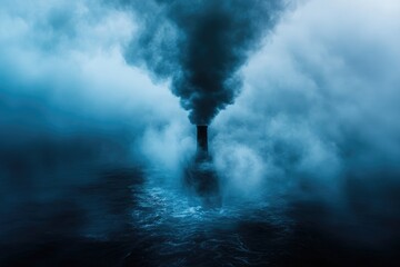 A mysterious ship sails through a dark, foggy sea, its smoke stack billowing dark clouds.