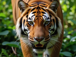 Fototapeta premium Powerful Bengal Tiger Staring in Dense Forest, High Detail. 