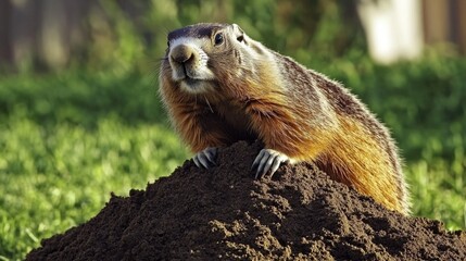A groundhog sits atop a pile of dirt, perhaps burrowing or digging
