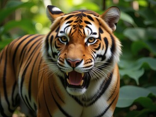 Obraz premium Highly Detailed Bengal Tiger with Sharp Amber Eyes in Greenery