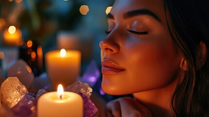 A woman holds a lit candle in front of her face, creating a dramatic and intimate atmosphere